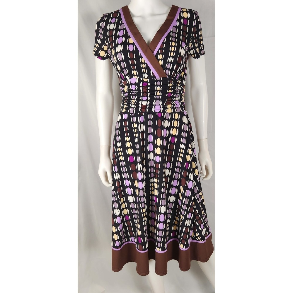 Women's Z Studio Fit & Flare Faux Wrap Ruched Waist Dot Pattern V Neck Dress 10